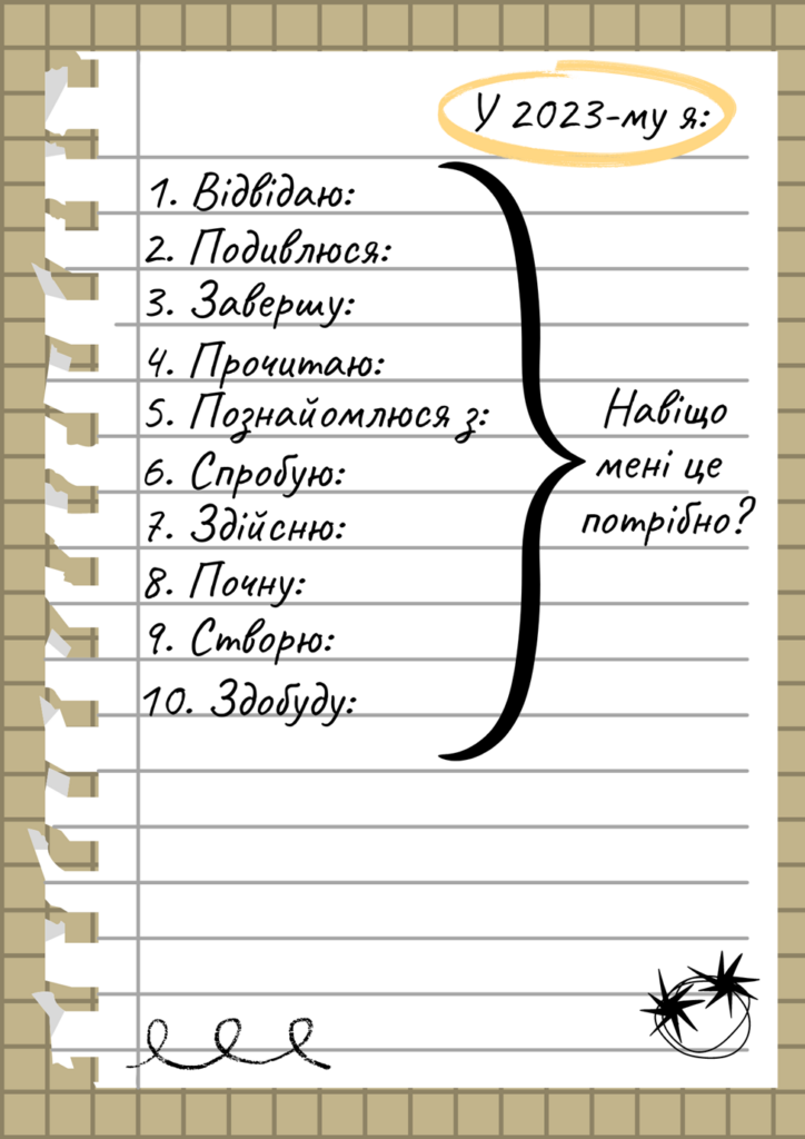Наведено список як приклад, де написано такий текст:
"У 2023-му я:
1. Відвідаю:
2. Подивлюсь:
3. Завершу:
4. Прочитаю:
5. Познайомлюсь з:
6. Спробую:
7. Здійсню:
8. Почну:
9. Створю:
10. Здобуду:
". Ці пункти обведені дужкою, де пише "Навіщо мені це потрібно?" 